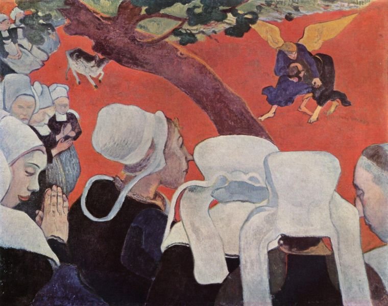 la visione dopo il sermone.jpg - La visione dopo il sermone è un dipinto ad olio su tela di cm 73 x 92 realizzato nel 1888 dal pittore francese Paul Gauguin – La tela ha originato diverse interpretazioni: simboliche, psicanalitiche, teosofiche. Sicuramente é il primo quadro con un tema religioso che gli offre la possibilitá di sviluppare uno stile personale, slegato dall´impressionismo ed orientato verso una concezione globale della pittura: antinaturalista e simbolica. Gauguin si rifa al passaggio della Genesi che racconta come Giacobbe, dopo aver attraversato il torrente Jabboq con la sua famiglia, passa la notte a lottare contro un angelo misterioso; combattimento enigmatico interpretato come la lotta dell´uomo contro Dio o contro Satana o contro se stesso. In una lettera Gauguin spiega le motivazioni della sua sfida stilistica: "Un gruppo di bretoni sta pregando, vestite con i loro abiti tradizionali, di un nero intenso e le cuffie bianco-gialle molto luminose. Quelle piú a destra hanno come dei caschi mostruosi. Un melo taglia violentemente la composizione, con le foglie che paiono nuvole di smeraldo con striature di giallo sole. Il terreno é di un rosso violento. L´angelo é vestito di blu oltremare e Giacobbe di un verde bottiglia. Le ali dell´angelo sono di un giallo cromo, leggermente piú chiare dei capelli. Ho trattato le figure con grande semplicitá rustica e superstiziosa. Per me in questa tavola il paesaggio e la lotta esistono solo nella mente delle persone riunite in preghiera." La rappresentazione della realtá e della visione interiore creano una straordinaria suggestione, rafforzata dall´uso dei colori che si appropriano dello spazio, dove le figure sono invece semplificate, secondo i dettami dell´arte giapponese di una pittura decorativa. Gauguin in una lettera a van Gogh confessa: "Io non so cosa sia un´idea poetica, probabilmente é un senso che mi manca. Trovo TUTTO poetico ed é in un angolo, a volte misterioso, del mio cuore che trovo la poesia." Una volta completato il lavoro lo offre alla chiesa di Nizon che peró lo rifiuta. Decide allora di affidarlo a Theo Van Gogh perché lo venda a Parigi.